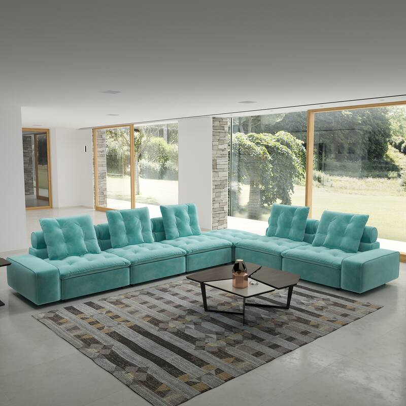 161.44" Corner Sectional Sofa Couch Large 5 Seater Cloud Couch with Ottoman Miami Sofa - Tiffany Blue