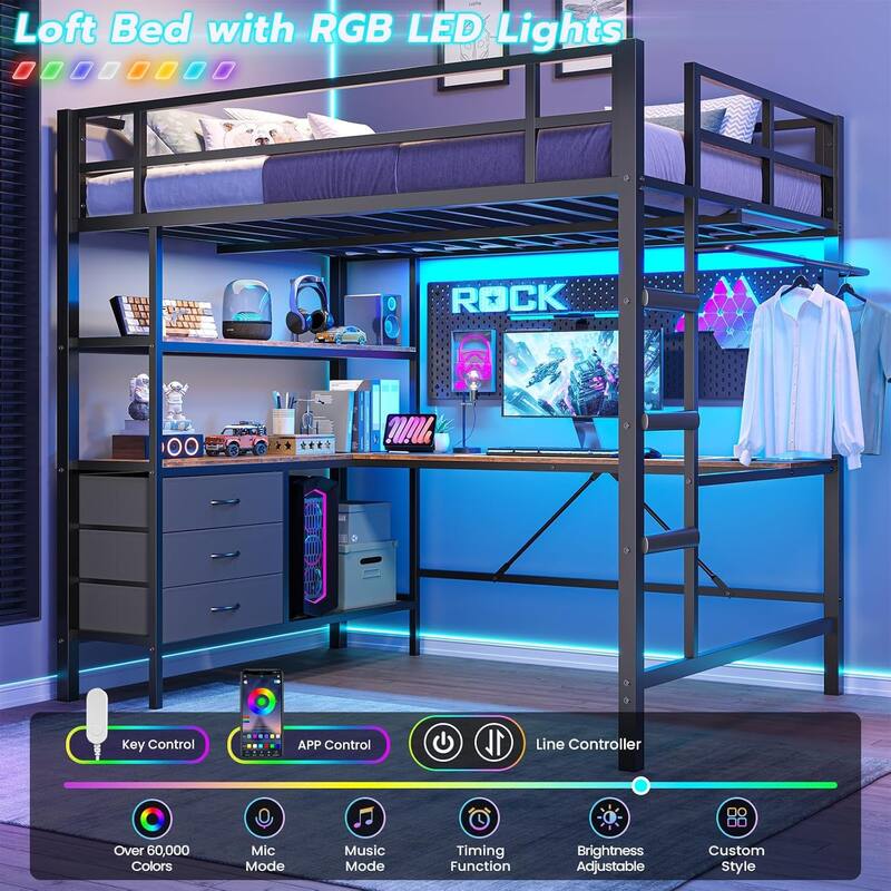 Loft Bed with L-Shaped Desk Charging Station Metal LED Lights 3 Fabric Drawers