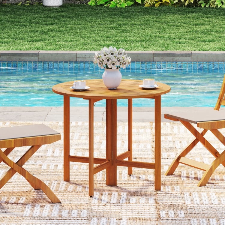 Teak Acacia Wood Round Folding Dining Table 36 inches Slatted Outdoor - 36" x 29.5"