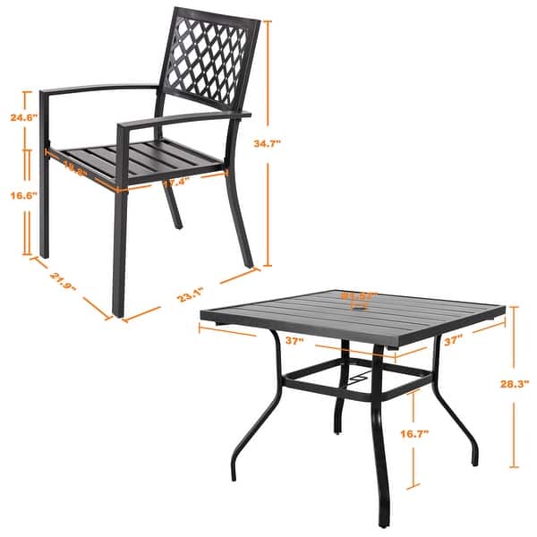 dimension image slide 0 of 4, Outdoor Dining Set, Iron Finish, Black with Gold Speckles