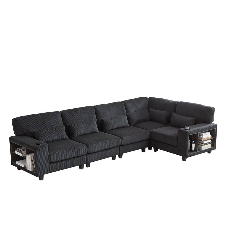 102.75" Corduroy L-Shaped Modular Sectional Sofa with Storage and Cup Holder