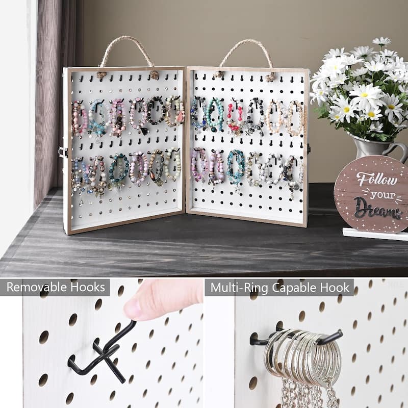 Wooden 2 Panel Pegboard Jewelry Display Organizer with 48 Black Hooks - S