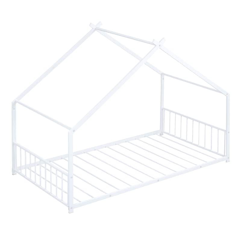 Twin Size Metal House Bed with Roof, Fence and Back for Kids, Boys and Girls, Bedroom