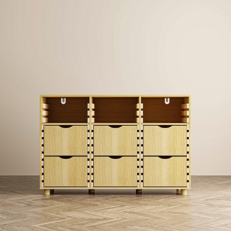 Buffet Sideboard 6-Drawer Wood Storage Cabinet with Adjustable Shelves, Solid Slat Panels