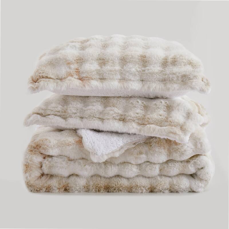 3 Pieces Fluffy Faux Rabbit Fur Comforter Set, Plush Fuzzy Bedding Set for Winter