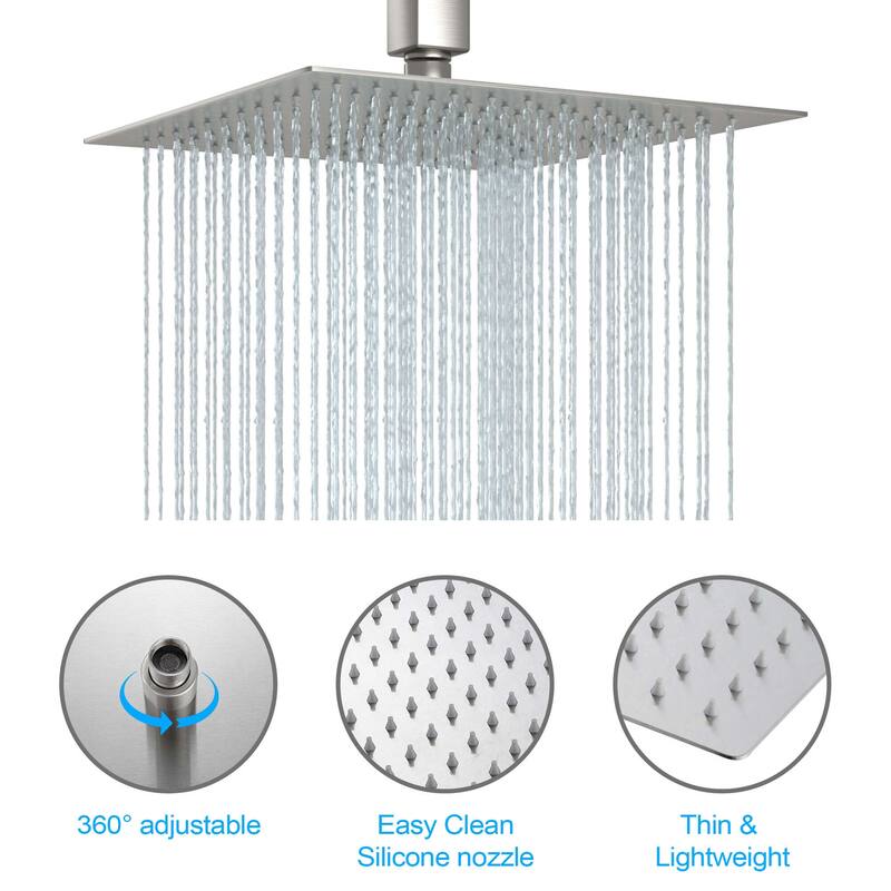 8/10/12/16 Inch Adjustable Rainfall Shower Head Wall-mounted Solid Square Ultra Thin 304 Stainless Steel