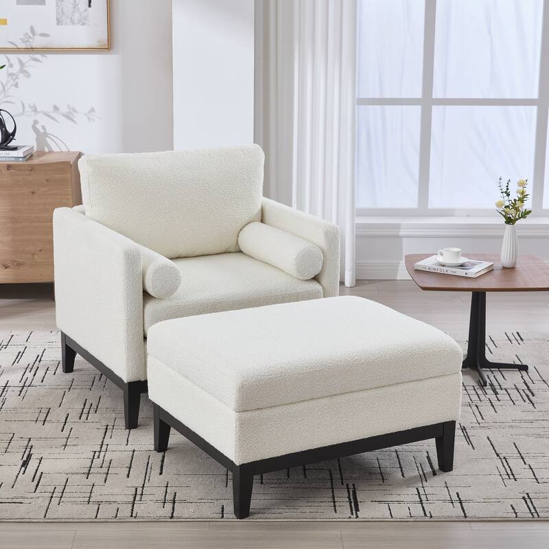 Upholstered Wood Base Square Accent Arm Chair with Ottoman - Ivory+Black