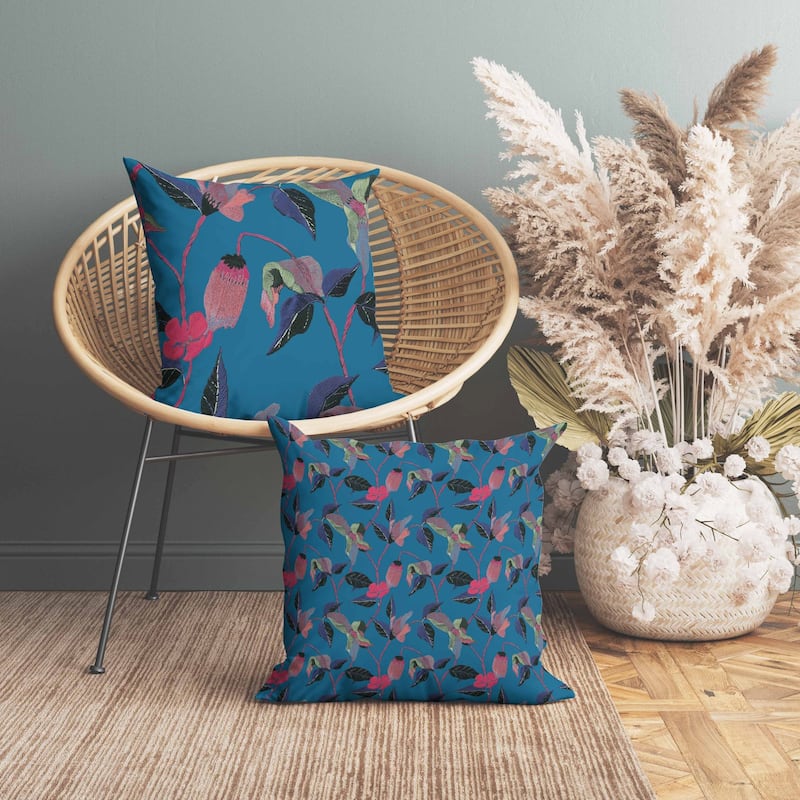 Nature's Embroidery Faux Suede Reversible Throw Pillow Blue and Pink