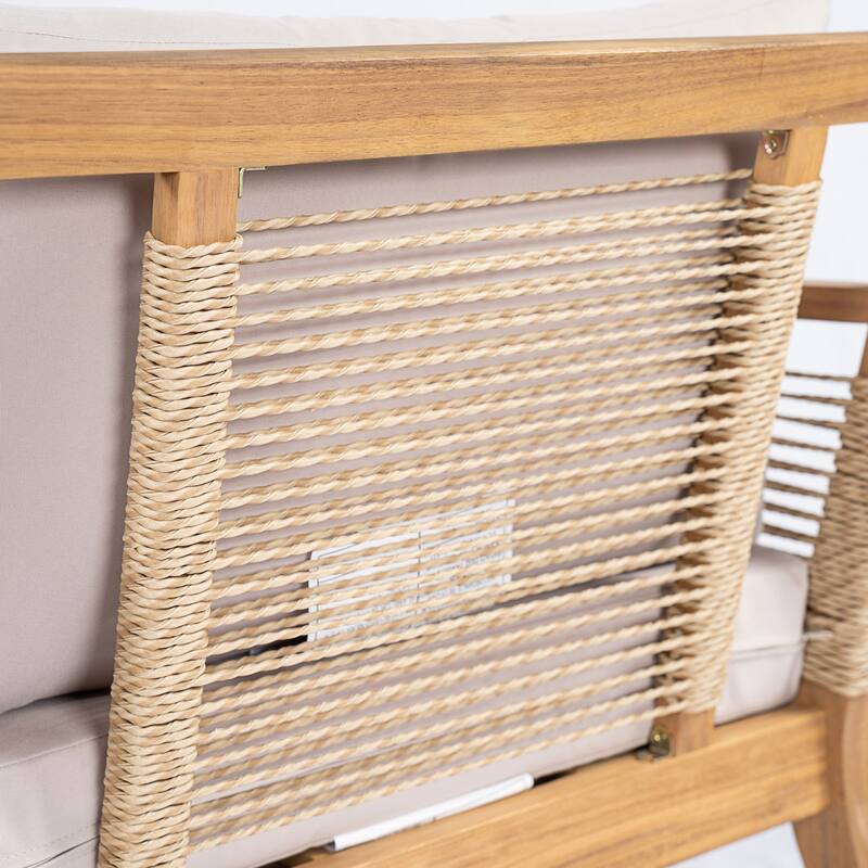 Roomfitters Set of 2 Patio Club Chairs, Outdoor Wood Lounge Chair with Upholstered Cushions, Rope Weave, Teak+ Beige