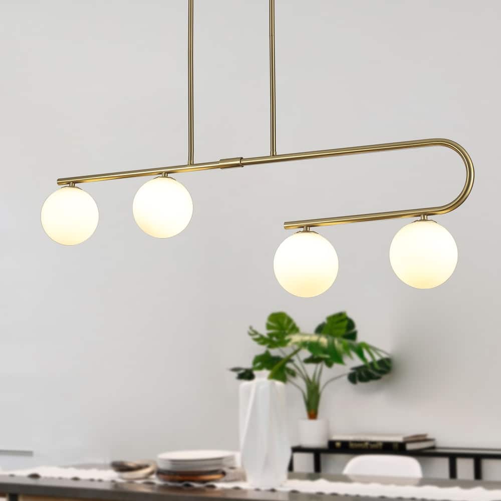 4-Light Modern Hanging Island Linear Chandelier Lighting Fixture with Glass Shade for Kitchen Foyer Dining Room