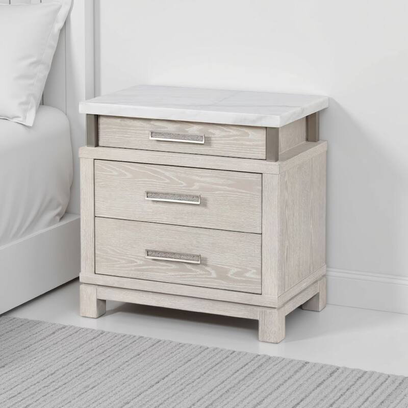 Loji Nightstand, 3 Drawers, White Marble Top, Weathered Gray, 29 Inch