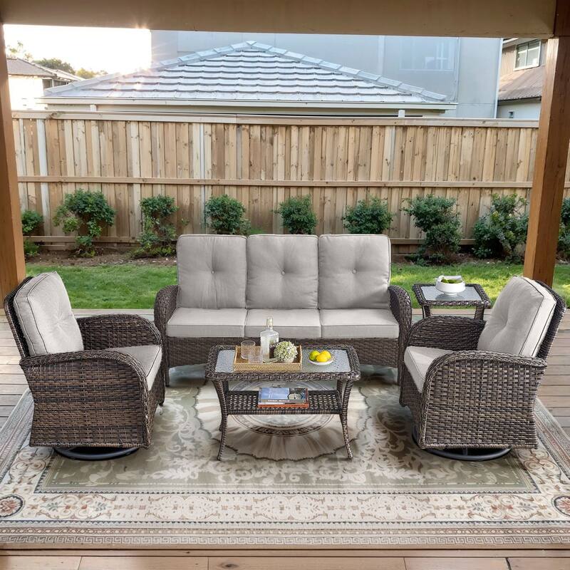 Gymojoy Outdoor Wicker Patio Furniture Sofa Set - Luxurious Comfort, Weather-Resistant - 5-Piece - Sofa & Swivel Chairs - Brown Wicker / Beige Cusion