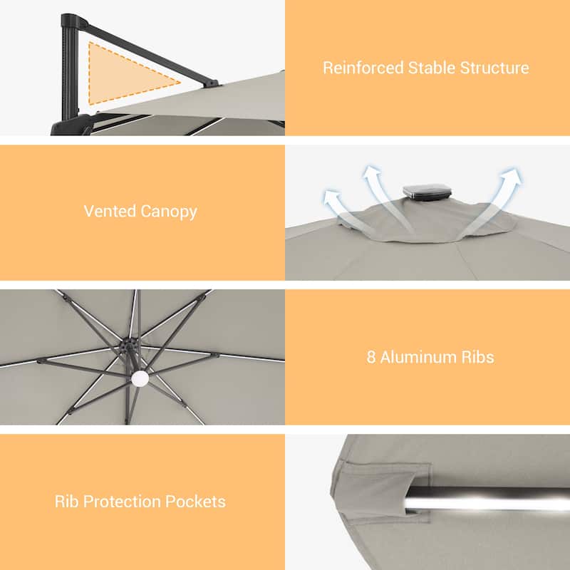 BONOSUKI 11ft LED Aluminum Patio Cantilever Offset Umbrella with Base