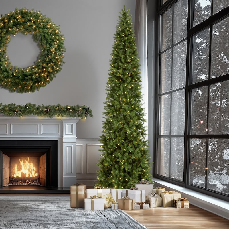 National Tree Company 12 ft Pre-Lit Downswept Douglas Fir Slim Artificial Christmas Tree, 850 LED Lights, Includes Stand, Green