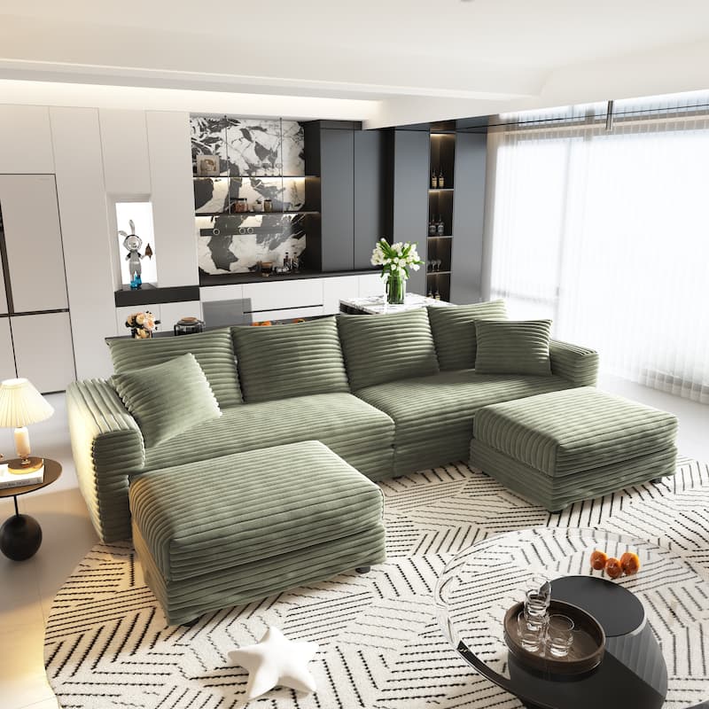 102.4" Corduroy Couch with Ottomans, 4 Seat Convertible Modular Sectional Sofa, Upholstered Couches with Pillows for Living Room - Green-2 Ottoman