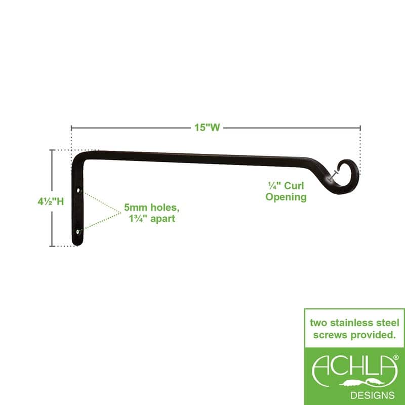 Achla Designs Set of 2 Straight Up Curled Wall Bracket Hooks, 15 Inch Long, Black Powder Coat Finish