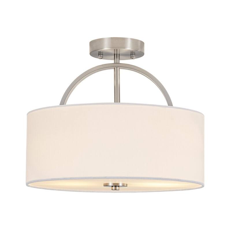 Contemporary 2-Light White Linen Drum Semi Flush Light 15in Wide