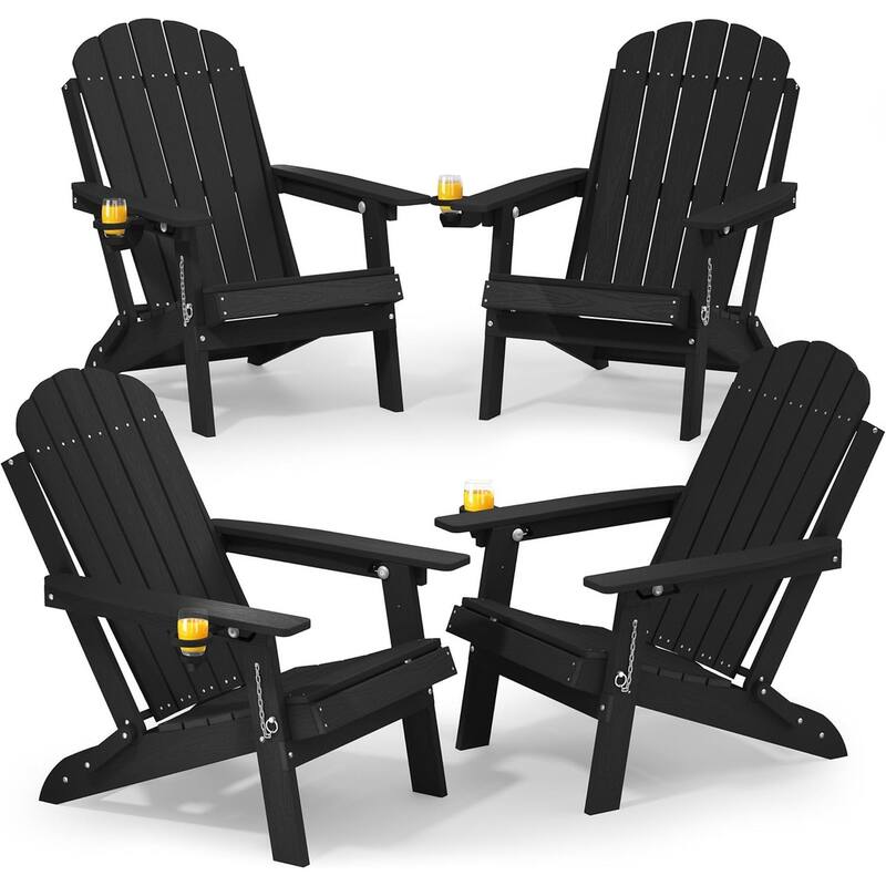 WINSOON Outdoor All-Weather HDPE Folding Adirondack Chair with Cup Holder & Adjustable Back Set of 4 - Black
