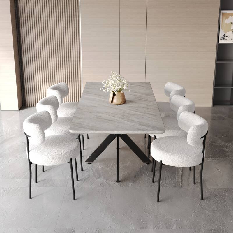 Upholstered Armless Chairs with Curved Backrest, Grey Extendable Rectangular Dining Table, Stylish Table and Chair Set for 6 - Grey White