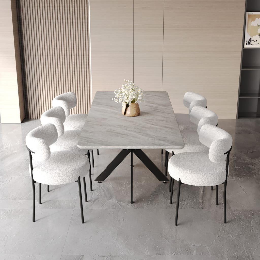Upholstered Armless Chairs with Curved Backrest, Grey Extendable Rectangular Dining Table, Stylish Table and Chair Set for 6