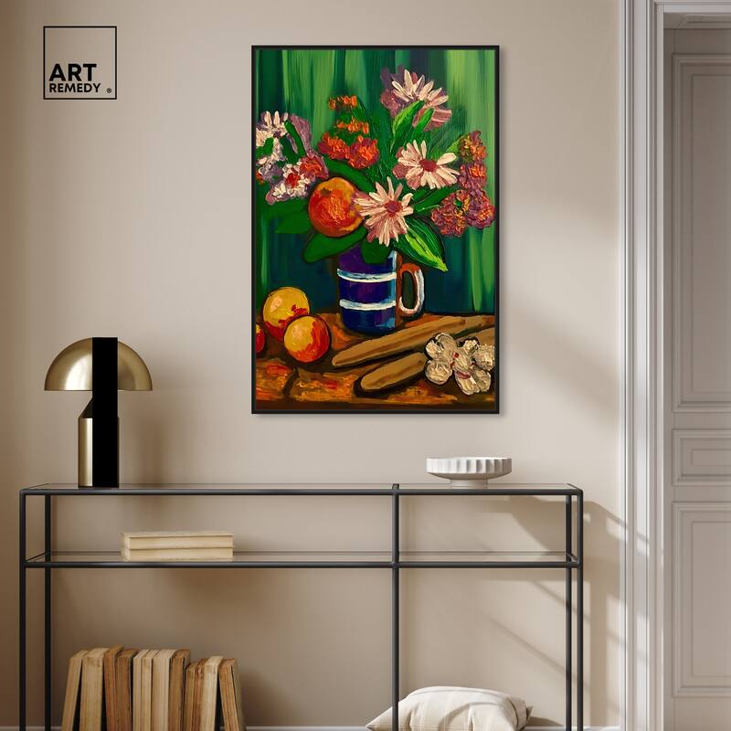 Art Remedy Floral Vase And Fruits Framed Flowers In Vase Paintings