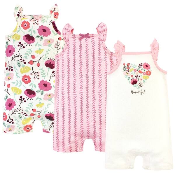 slide 1 of 1, Touched by Nature Baby Girl Organic Cotton Rompers 3pk, Botanical 0 - 3 Months - Pink