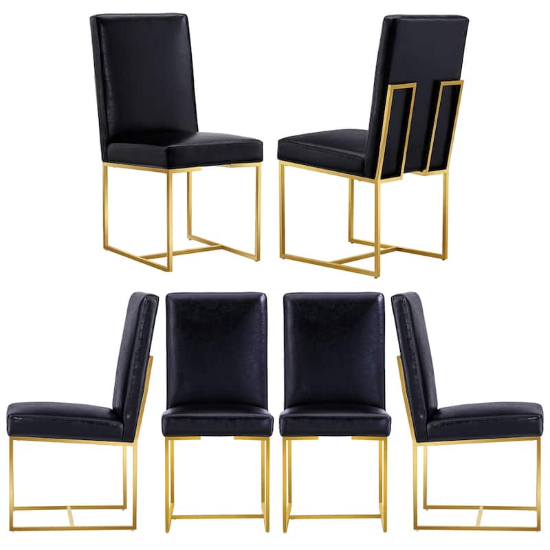 Black PU Leather Dining Chairs with Polished Gold Legs - Set of 6