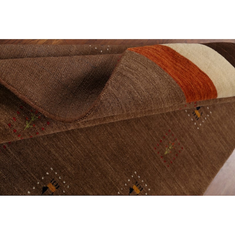 Brown Striped Gabbeh Indian Area Rug Handmade Wool Carpet - 4'10"x 6'11"