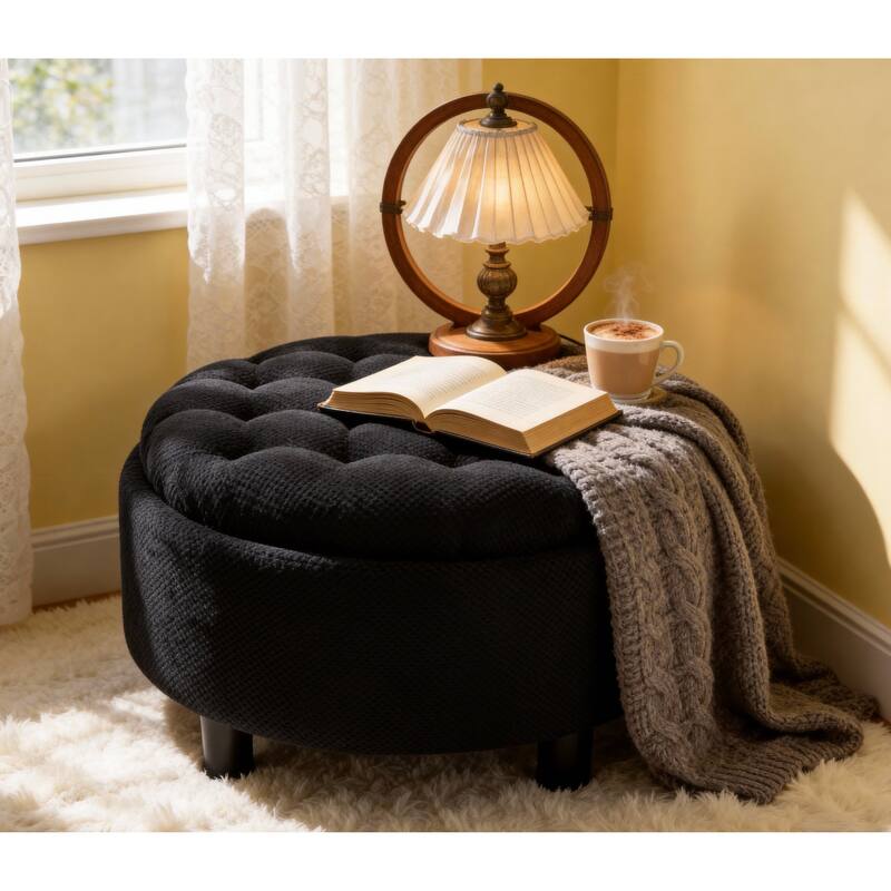 Round Storage Ottoman with Lift-Off Tray and Upholstered Fabric
