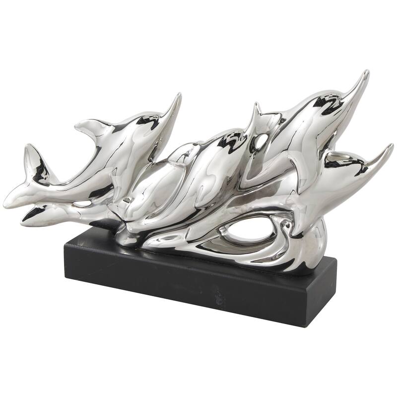 Ceramic Animal Decorative Sculpture with Black Block Base - Silver - Roche River Decor - Silver - 15"W, 9"H