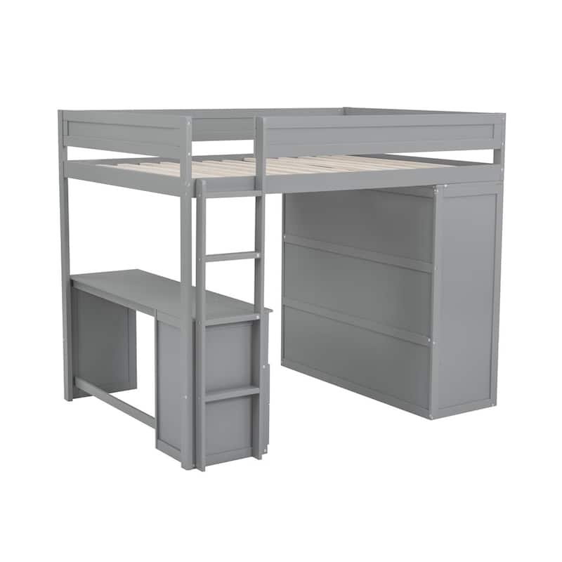 Merax Wood Loft Bed with Wardrobes and 2-Drawer Desk with Cabinet