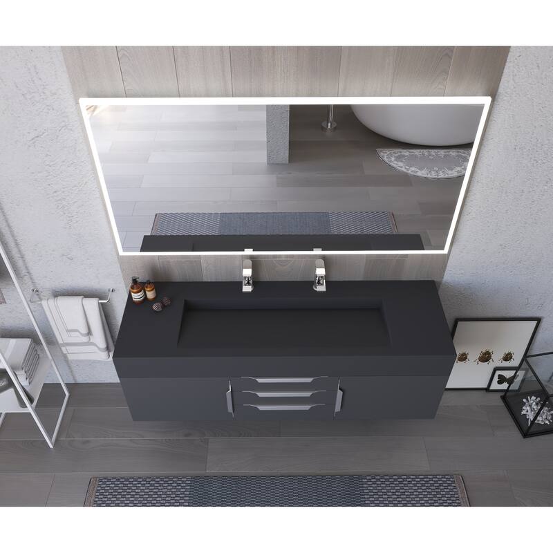 Nile 60" Wall Mounted Bathroom Vanity Set w/ Black Top