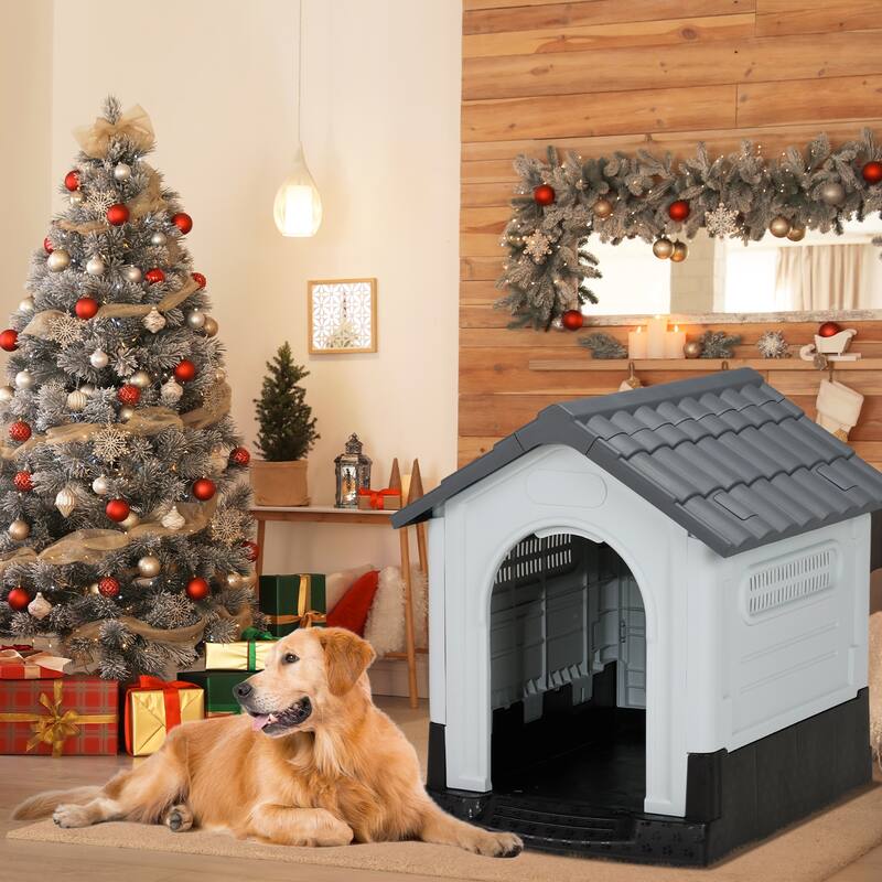 Plastic Dog House with Air Vents, Elevated Floor, Insulated Outdoor Indoor Kennel for Small Dogs