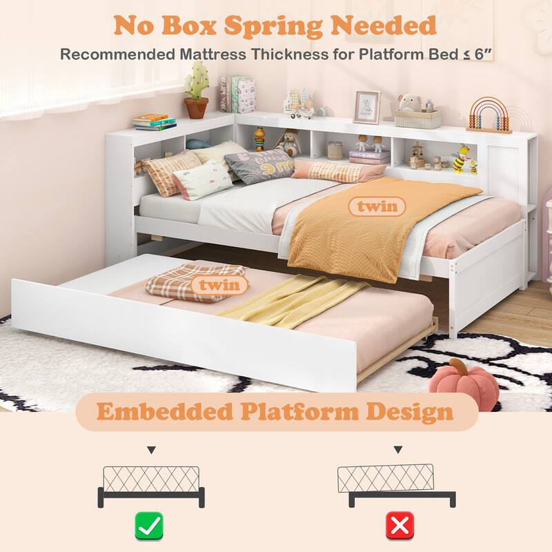 Gymax Twin Size Daybed w/ Trundle Bedside Shelves Reversible Bookcase