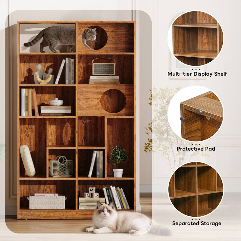 Roomfitters Modern 2 in 1 Wood Bookshelf Cat House, Cat Tree Display Storage Shelf with Litter Box Enclosure