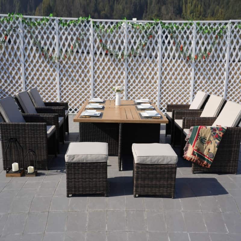 11-Piece Patio Wicker Aluminum Dining Table Set w/ Chairs and Ottomans - Brown