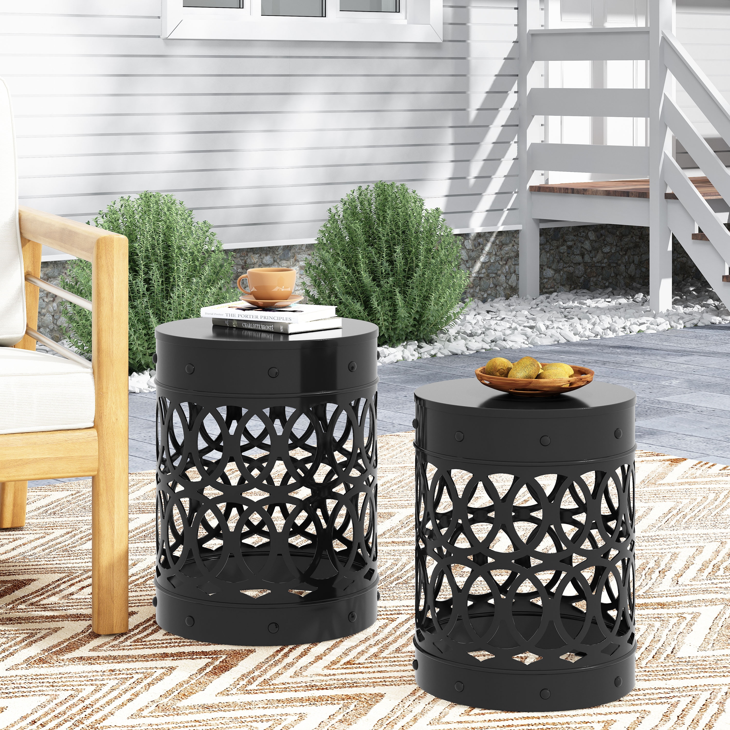 Metal Cylindrical Coffee Table, 2-Piece Side Table Set, Plant Stand with Overlapping Circle Iron-cut Design for Balcony