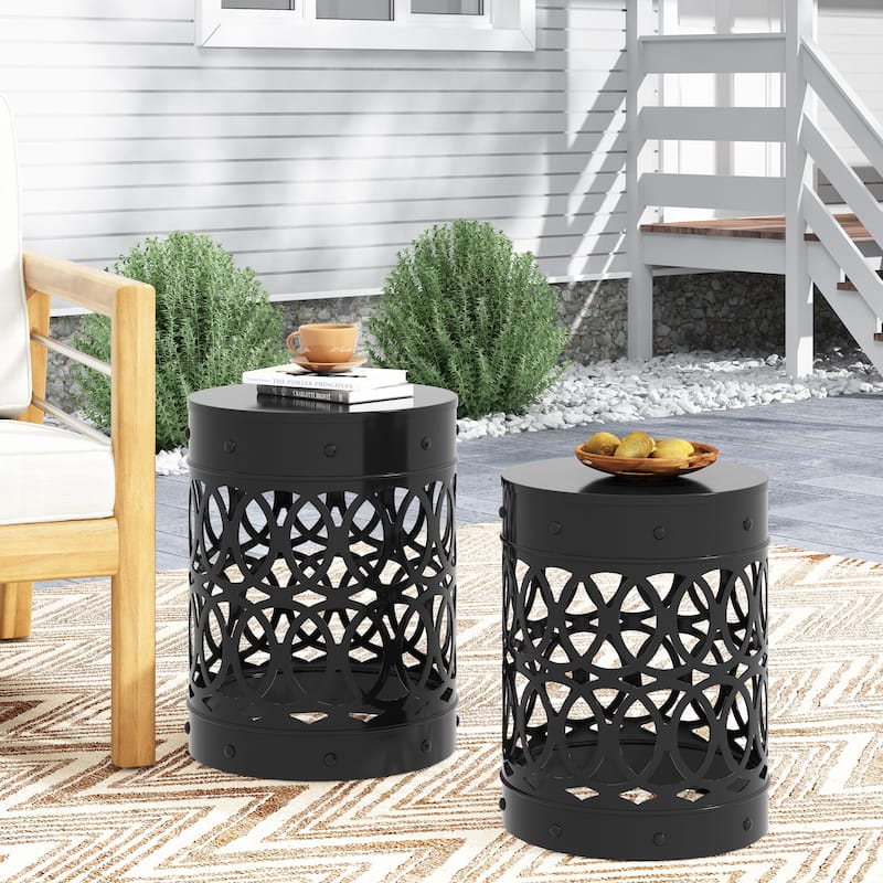 Roomfitters Outdoor Metal Side Tables Set of 2, Decorative Powder-Coated Iron Accent End Tables for Patio or Garden