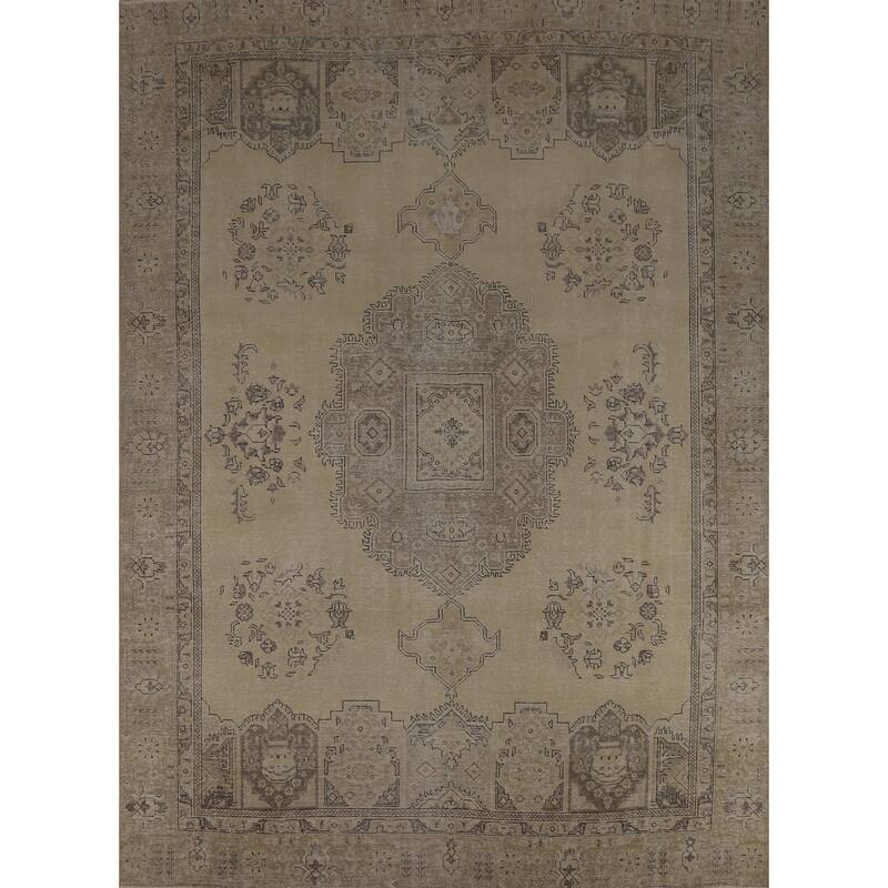Geometric Beige Tabriz Persian Vintage Rug Handmade Wool Carpet - 8'11" x 11'5"