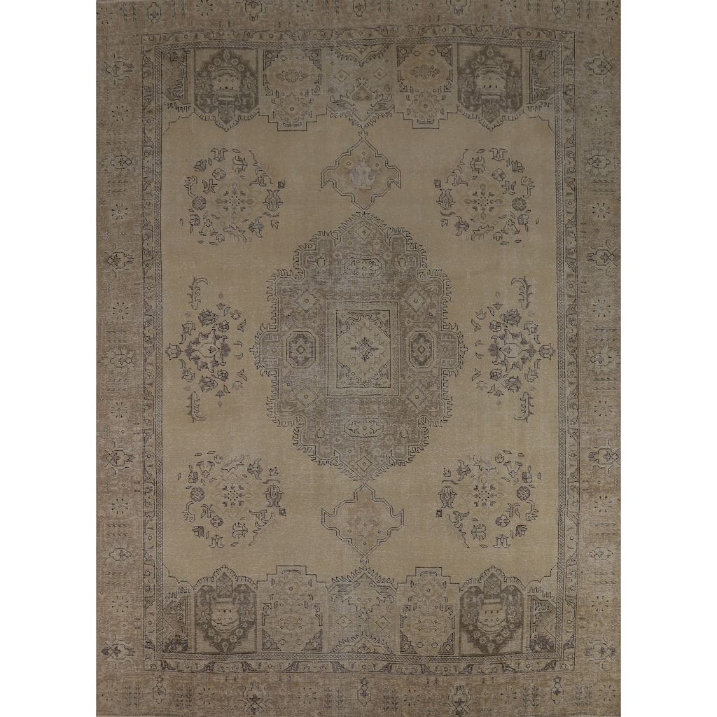 Geometric Beige Tabriz Persian Vintage Rug Handmade Wool Carpet - 8'11" x 11'5"
