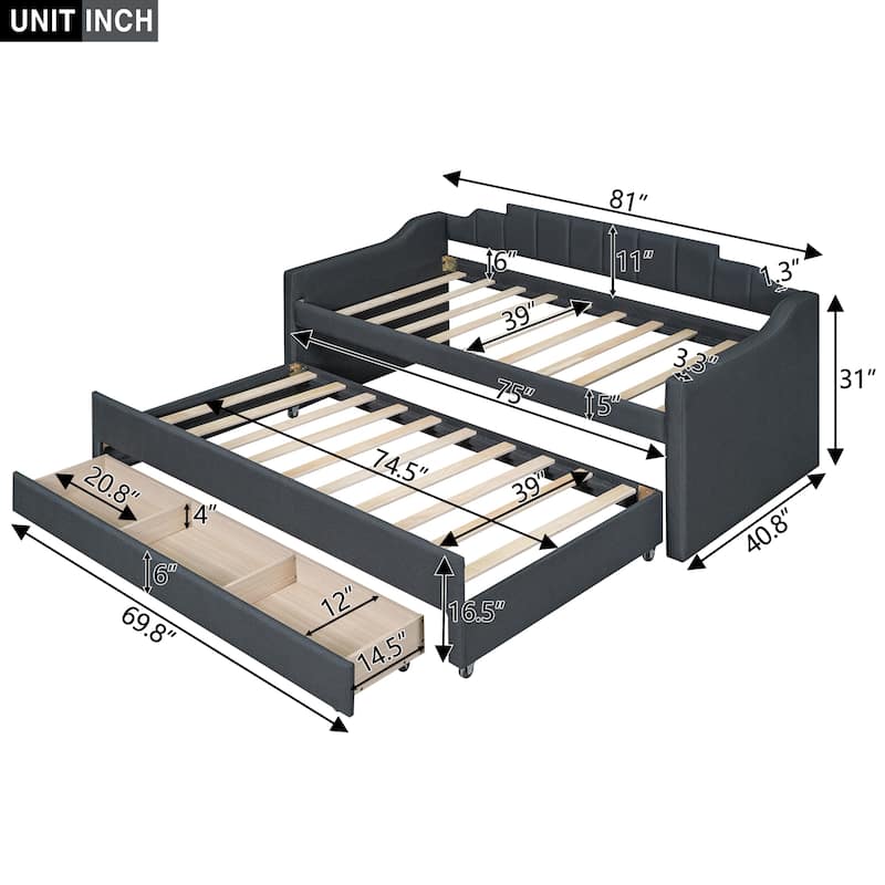 Twin Size Daybed w/Trundle & 3 Drawers, Linen Upholstered Day Bed Frame with Tufted Backrest & Armrest, Solid Wood Slats Support
