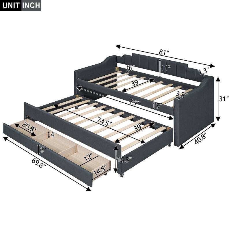 Twin Upholstered Daybed with Trundle and Storage Drawers, Stylish Linen Blend, Ideal for Small Spaces and Guest Rooms