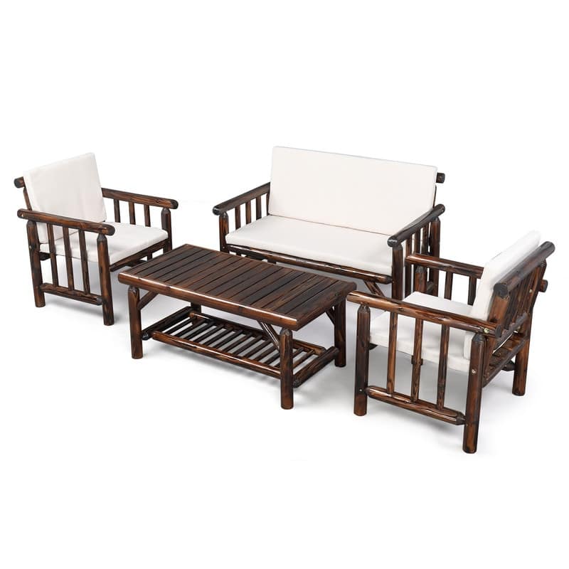 Cedar 4-Piece Wood Patio Conversation Set with Beige Cushions for Afternoon Tea & Conversation