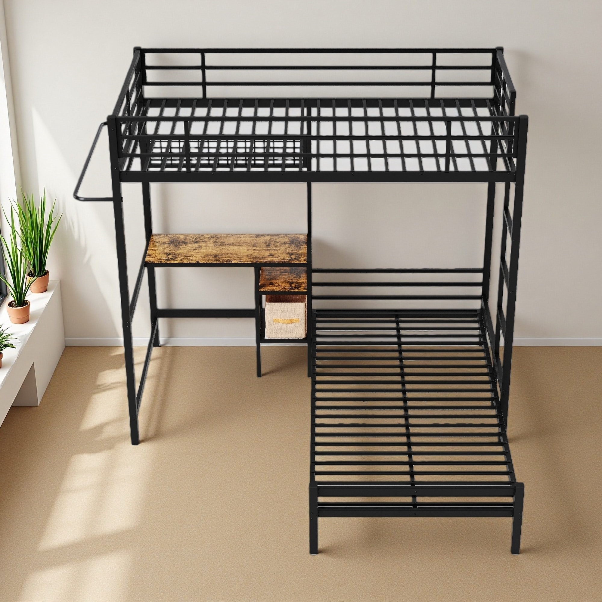 Twin Over Twin Metal Bunk Bed with L-Shaped Desk, Storage Shelves and Safety Guardrail