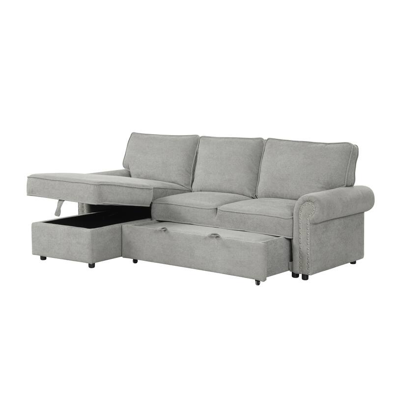 Convertible Sectional Sleeper Sofa with Storage Chaise, Pull-Down Backrest, Dual Cup Holders, Arc Armrests and Nailhead Trim