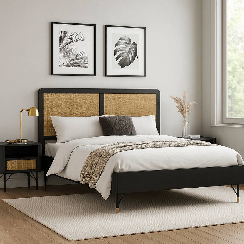 Theo 3pc King Bedroom Set w Rattan Headboard, 2 Nightstands, Black Acacia Wood