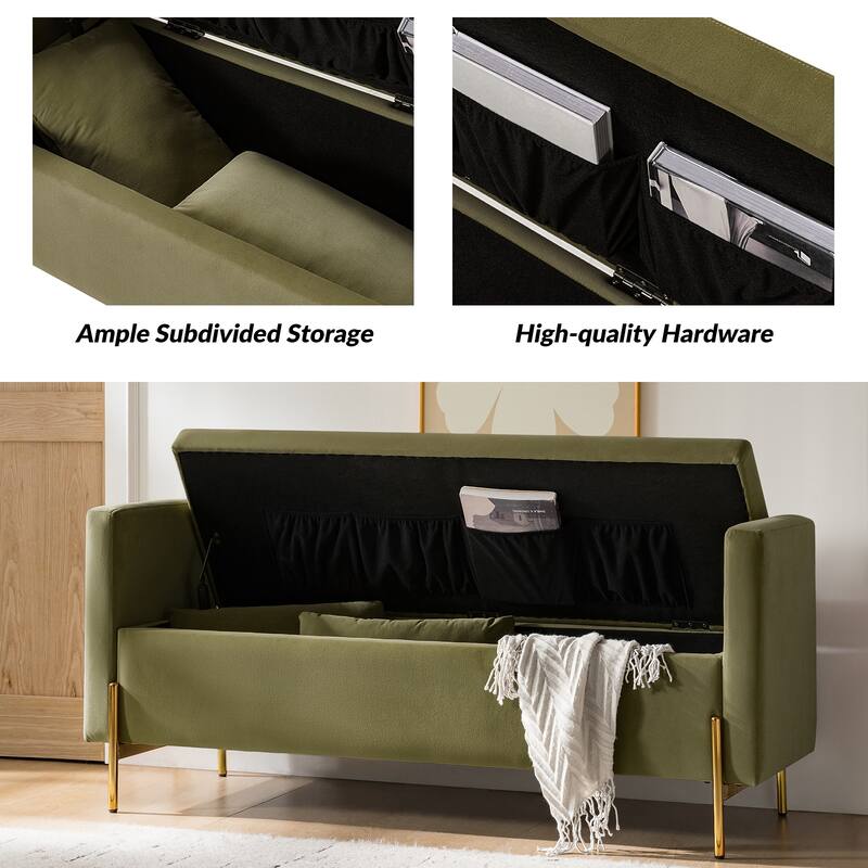 Angelus Modern 56''W Upholstered Flip Top Storage Bench withTwo Pillows and Arms by HULALA HOME