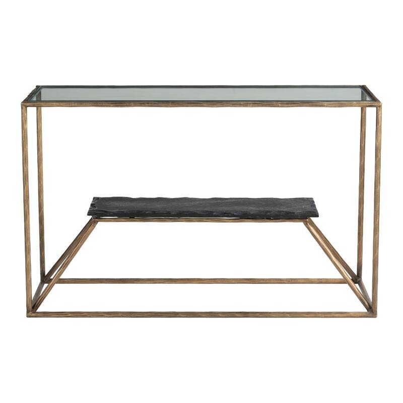 HomeRoots 48" Clear and Brass Glass Iron and Stone Frame Console Table With Shelf - 48.00 in. x 29.90 in. x 17.00 in.