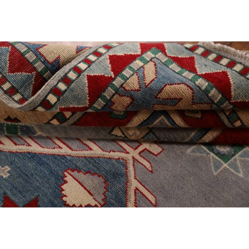 Gray Kazak Oriental Area Rug Dining Room Hand-Knotted Wool Carpet - 6'11" x 9'3"