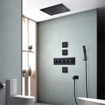 Matte black ceiling mount 16 inch rainfall waterfall 64 LED lights Music rain shower system with body jets - 7'6" x 10'9"